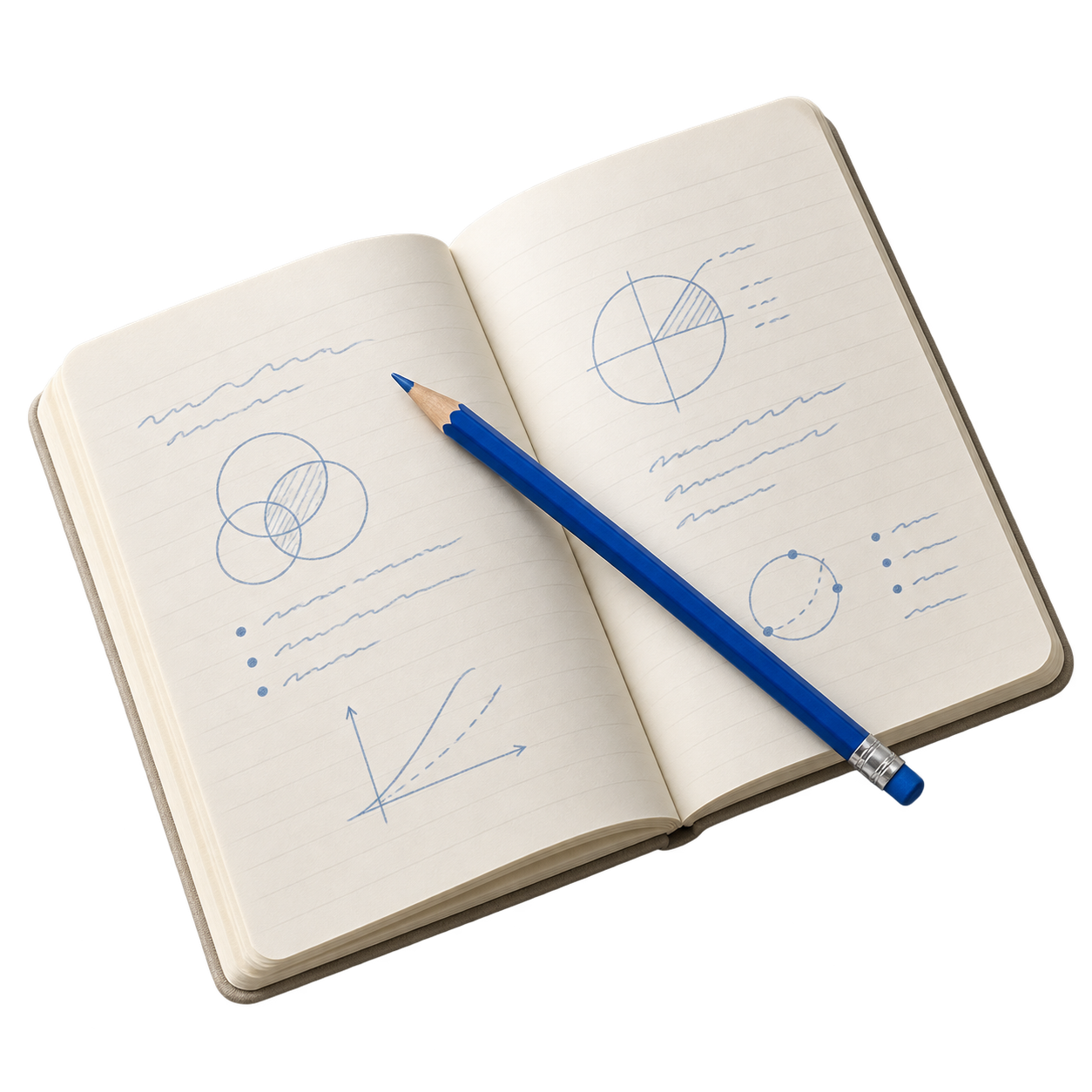An open teaching notebook with blue diagrams and a pencil
